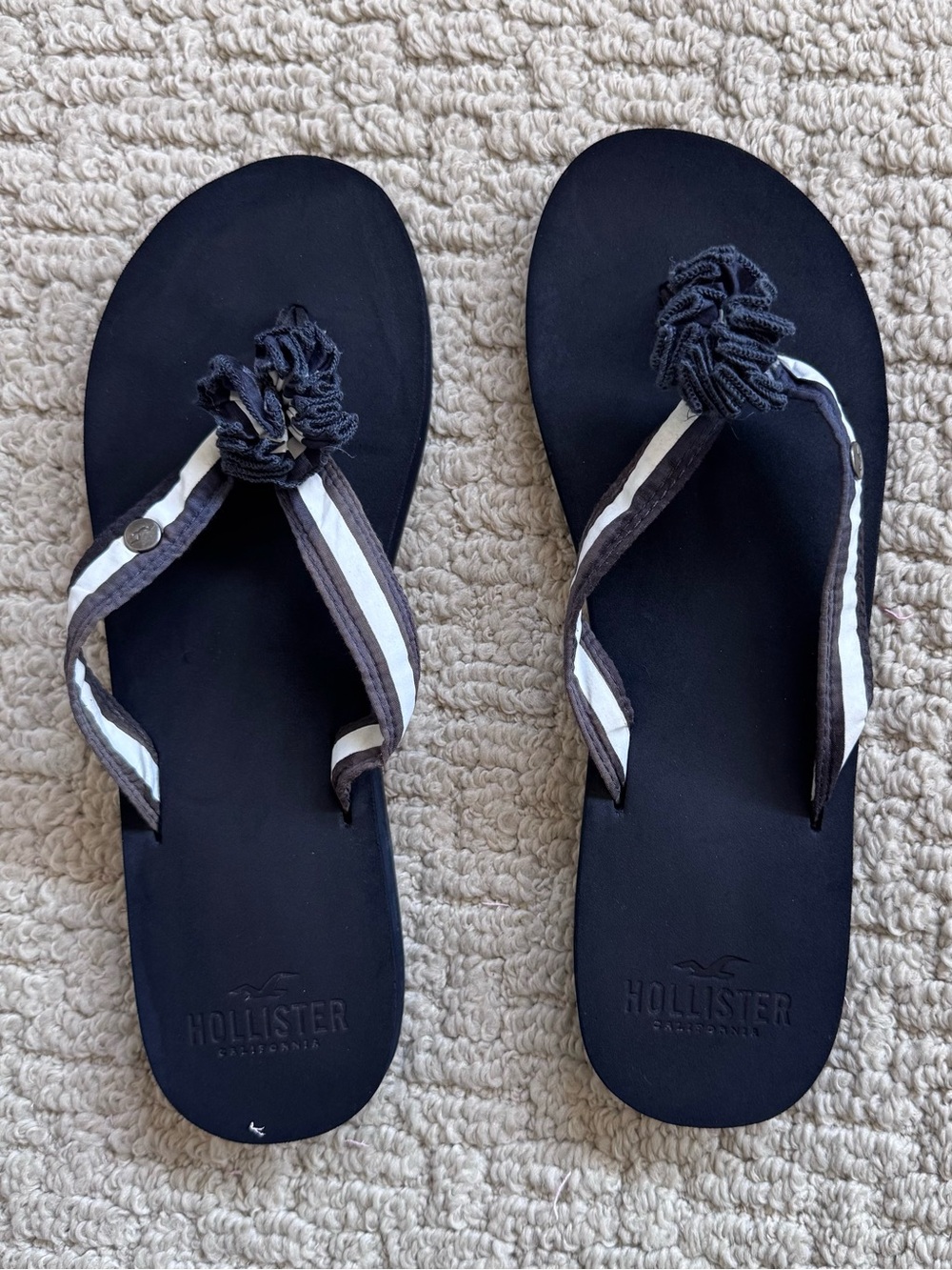 Hollister Black Flip Flops with White and Blue Navy Striped Straps